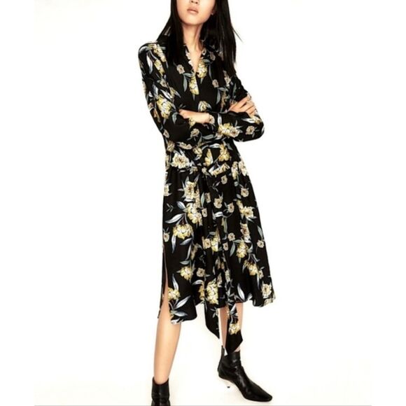 Zara Basic Collection Button Front Midi Floral Dress Long Sleeve Womens Size S - Picture 1 of 10
